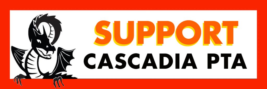 Dragon to left of text Support Cascadia PTA