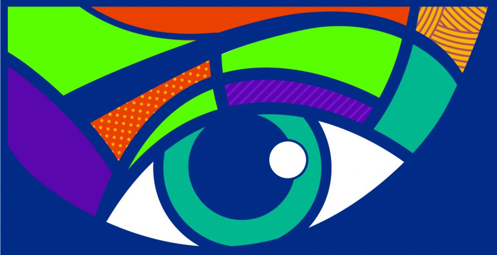 Colorful poster with an image of an eye at center