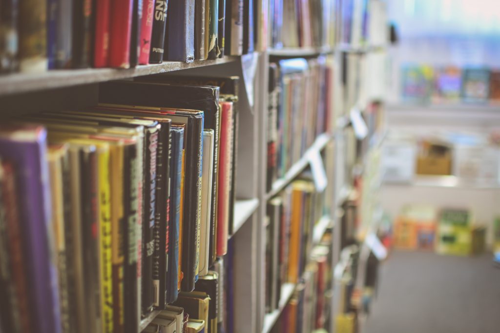 photo of books on library shelves in a bright room